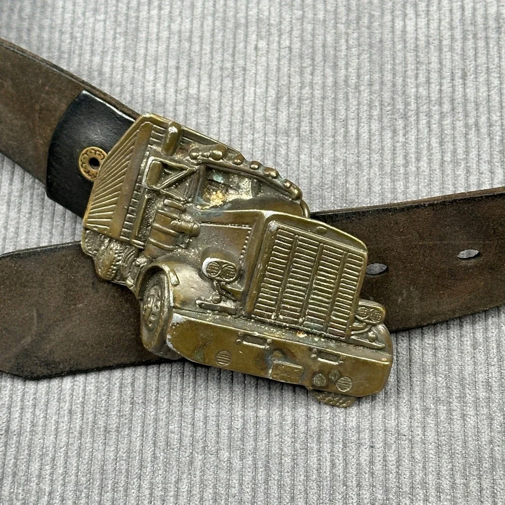 Vintage Semi Truck Belt Brass Tone Big Rig Buckle Brown Leather Mens 43in